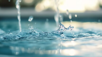 Poster - Close Up of Crystal Clear Water Droplet Splashing in a Swimming Pool Creating Ripples : Generative AI