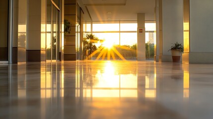 Leinwandbilder - Stunning sunset view illuminating a modern building corridor with reflections and warm hues : Generative AI