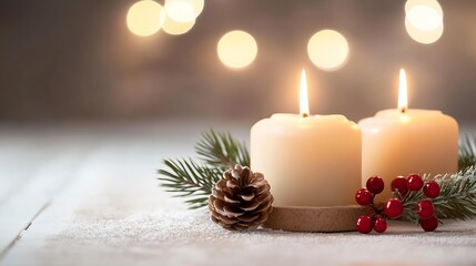 Leinwandbilder - Elegant Christmas Candles with Pine Cone and Berries Against a Warm Background : Generative AI
