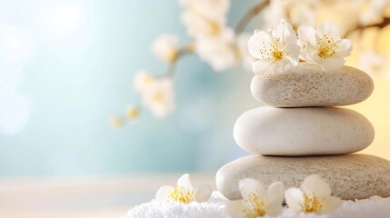 Poster - Serene Stacked Stones With Beautiful White Flowers Creating a Tranquil Spa Experience : Generative AI