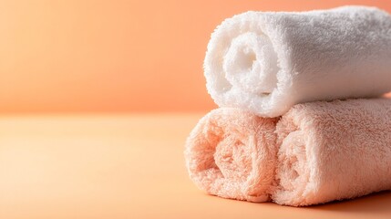Poster - Stacked Fresh Towels in Soft Pastel Colors Displayed Against Warm Background : Generative AI