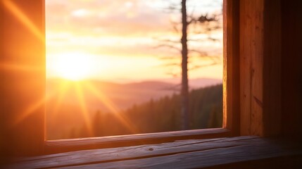 Aufkleber - Sunset view from a wooden interior showcasing nature's beauty : Generative AI