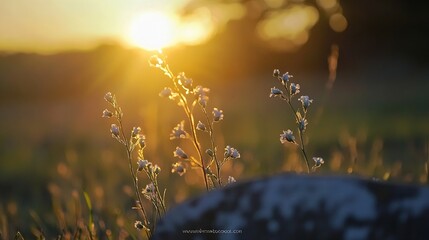 Aufkleber - Wildflowers Backlit by Soft Golden Sunlight During Sunrise in a Peaceful Field Setting : Generative AI