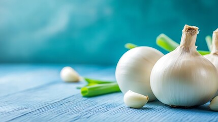 Poster - Fresh Onions and Garlic Cloves on a Wooden Table with Blue Background : Generative AI