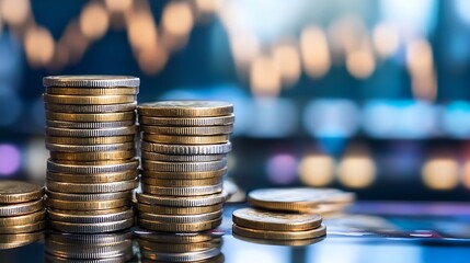 Poster - Stacks of Coins on a Table with Blurred Graph Background Representing Financial Growth Concepts : Generative AI