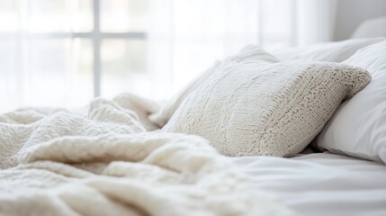 Leinwandbilder - Cozy knitted pillow resting on a light-filled white bed with soft textures : Generative AI