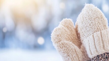 Poster - Cozy Knitted Mittens on a Frosty Day in a Winter Wonderland : Generative AI