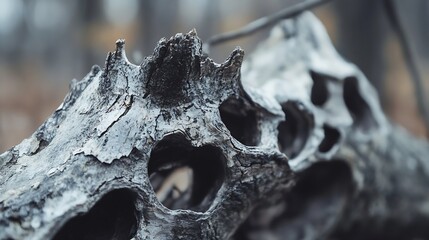Poster - Intricate details of a weathered log showcasing natural holes and a textured surface in a forest setting : Generative AI