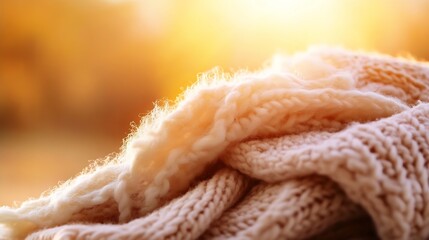 Poster - Close-up of beautifully knitted warm sweaters piled together in soft golden sunlight for a cozy effect : Generative AI