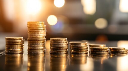 Aufkleber - Stacks of Shiny Gold Coins Over a Reflective Surface Under Warm Bright Sunlight : Generative AI