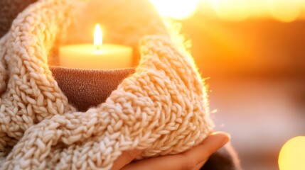 Aufkleber - Hands Holding a Candle Surrounded by Knitted Scarf with Soft Colors and Sunset Glow : Generative AI