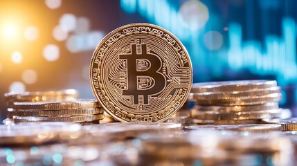 Leinwandbilder - Close up of a shiny bitcoin coin on a background of digital financial data and bar graphs : Generative AI
