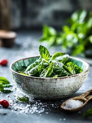 Poster - Fresh green basil leaves arranged in a bowl with salt and natural elements for a culinary delight : Generative AI