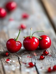 Poster - Fresh juicy cherries glistening on rustic wooden table creating a perfect summer fruit scene : Generative AI
