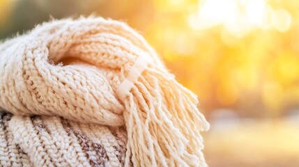 Poster - Cozy knitted scarf draped on a surface with warm sunlight background enhancing its texture and style : Generative AI