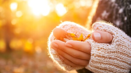 Poster - Cozy autumn image portraying hands cradling fallen leaves basking in warm sun rays : Generative AI