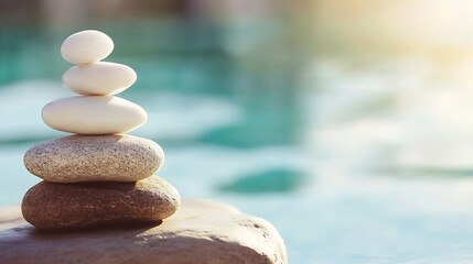 Poster - Tranquil Arrangement of Smooth Stones Balanced Above a Serene Calm Water Surface : Generative AI