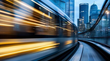 Poster - Dynamic cityscape with a fast moving train in motion against an urban background : Generative AI