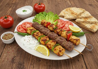 Wall Mural - delicious grilled kebabs with fresh vegetables and dips