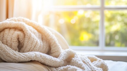 Poster - Cozy Wool Blanket on a Bed by a Bright Window Creating a Warm Inviting Atmosphere : Generative AI