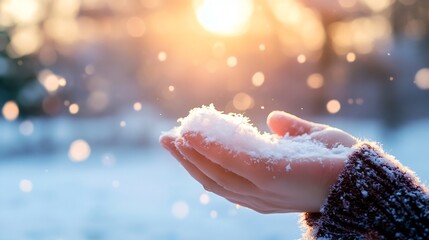 Aufkleber - Delicate Hands Holding Soft Snowflakes Against Warm Winter Sunlight : Generative AI