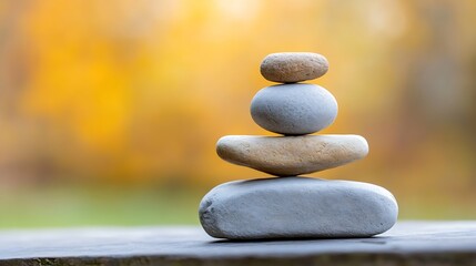 Fototapete - Beautifully balanced stack of smooth stones on a wooden surface against a blurred background : Generative AI