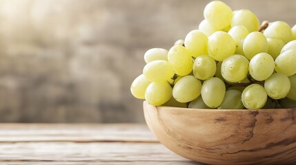 Poster - Freshly harvested green grapes in a rustic wooden bowl against a blurred background creating a homey atmosphere : Generative AI