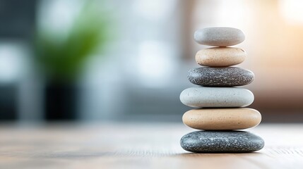 Fototapete - Elegant stack of smooth pebbles balanced perfectly on a wooden surface with soft background light : Generative AI