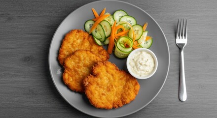Wall Mural - delicious crispy chicken cutlets with fresh salad and dipping sauce