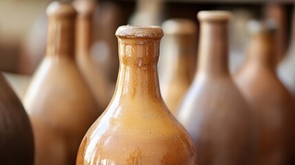 Poster - Artisan Clay Bottles on Display Highlighting Traditional Pottery Craft and Textured Surface Details : Generative AI