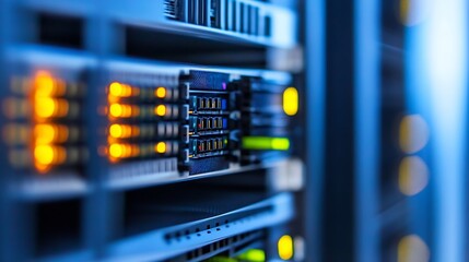 Fototapete - Close up of high tech server rack with glowing lights illustrating data storage technology : Generative AI
