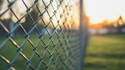 Fototapete - Stunning Sunset Behind Chain Link Fence with Soft Focus on Background : Generative AI