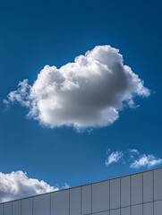 Poster - Fluffy white cloud drifting across a bright blue sky with contrasting modern architecture below : Generative AI