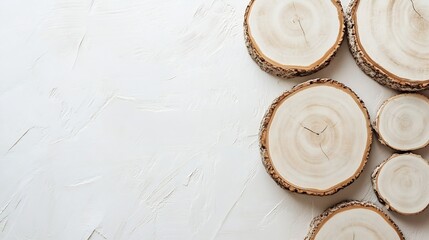 Poster - Natural wooden slices arranged beautifully on a light background showcasing organic texture and design components : Generative AI
