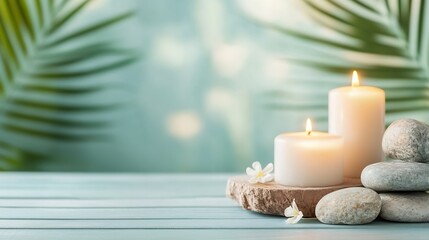 Aufkleber - Calming Spa Scene with Lit Candles and Smooth Stones on Soft Background : Generative AI