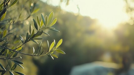 Fototapete - Sunlit olive branch with lush leaves glowing in the golden hour : Generative AI
