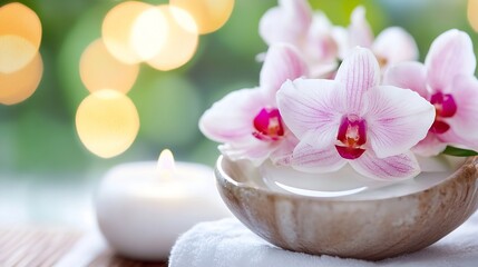 Poster - Beautiful Pink Orchids and Candle in a Spa Setting for Relaxation and Tranquility : Generative AI