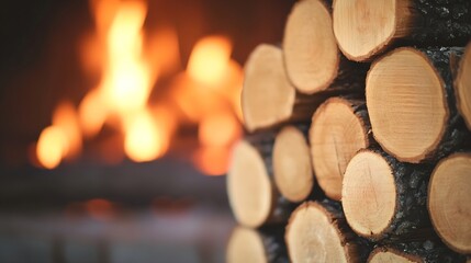 Aufkleber - Stacked Logs for Firewood with a Cozy Flames Background Creating a Rustic Atmosphere : Generative AI