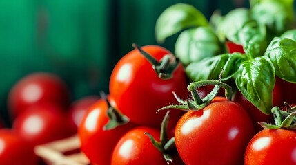 Poster - Close up of fresh ripe tomatoes with vibrant basil leaf arranged beautifully : Generative AI