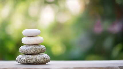 Fototapete - Four smooth stacked stones symbolizing tranquility and balance in a peaceful setting : Generative AI