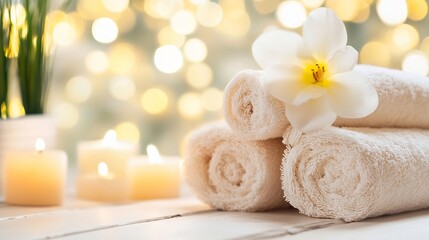 Poster - Beautiful spa setting with white towels a flower and glowing candles for relaxation : Generative AI