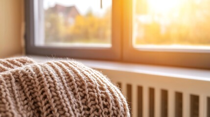 Poster - Warm Knitted Sweater on a Sunlit Windowsill with a Cozy View : Generative AI