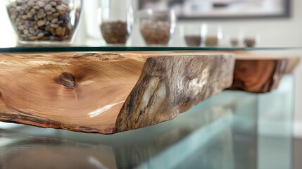 Poster - Stunning closeup of a wooden table with a sleek glass top and elegant decor : Generative AI