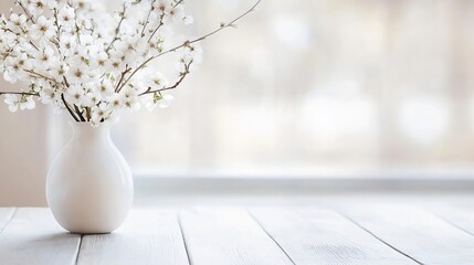 Poster - Elegant arrangement of white blossoms in a simple vase on a rustic wooden table with soft lighting : Generative AI
