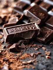 Aufkleber - Tempting Close Up of Rich Dark Chocolate Bars and Shavings Perfect for Dessert Lovers : Generative AI