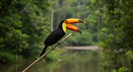 exotic toucan perched: a vibrant toucan with striking plumage and an oversized beak perches graceful