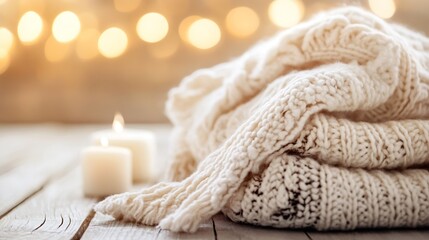 Poster - Cozy Knit Blankets Stacked on Wooden Table with Soft Candlelight Background : Generative AI