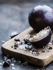 Poster - Fresh plums and sugar crystals on wooden board showcasing organic food concept : Generative AI