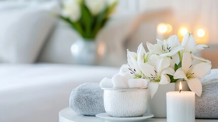 Poster - Serene spa setting with fresh white lilies candles and soft towels for a relaxing atmosphere : Generative AI
