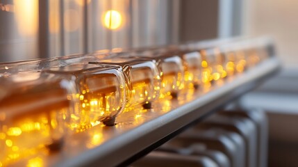 Aufkleber - Glowing Warm Amber Bottles on Radiator at Sunset Creating Cozy Atmosphere : Generative AI